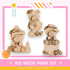 three wooden teddy bear figures, each with different accessories, such as a hat and a scarf, set against a pink and white background.