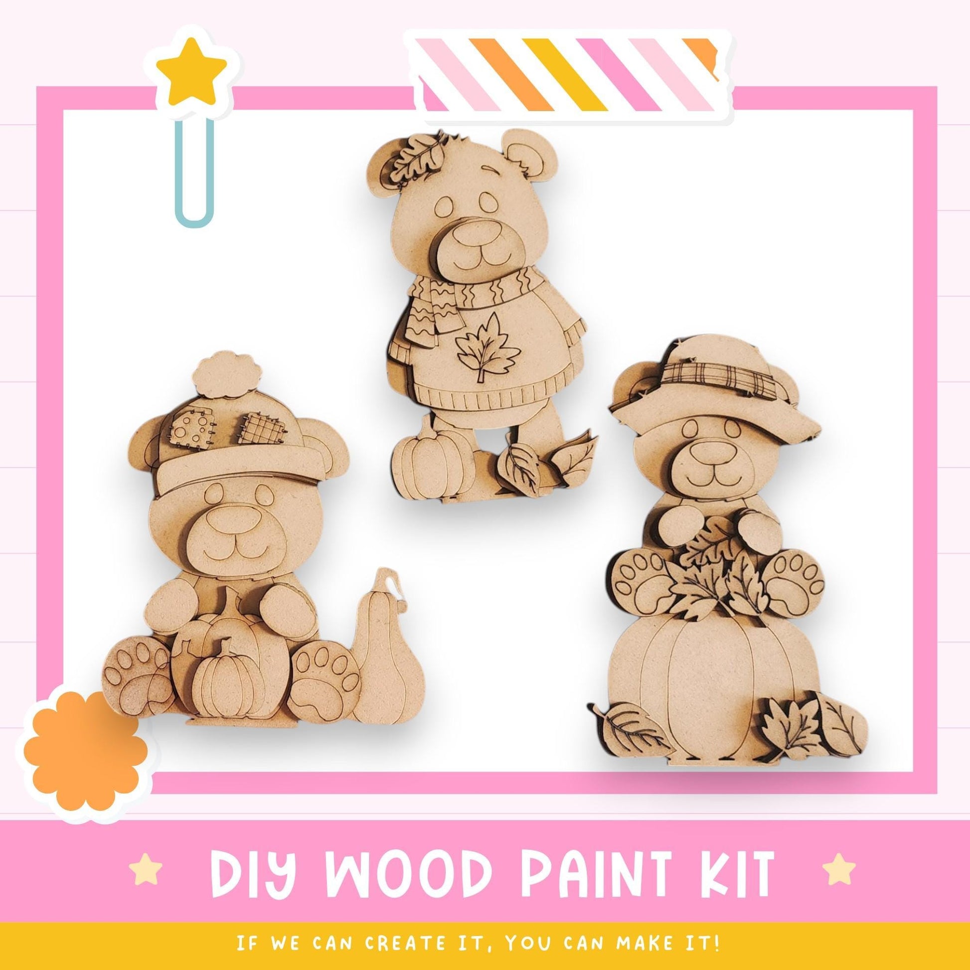 three wooden teddy bear figures, each with different accessories, such as a hat and a scarf, set against a pink and white background.