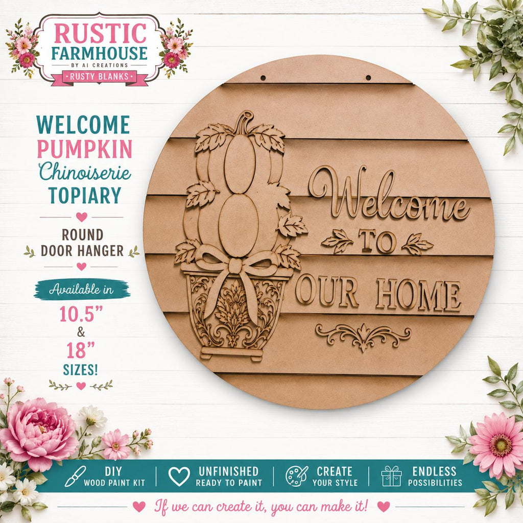 The image is an advertisement for a round wooden door hanger featuring a pumpkin and leaves design. The hanger is available in sizes of 10, 5, and 18 inches, and it is described as a DIY kit with a heart-shaped cutout for a welcome sign. The hanger is designed to be hung on a wall and is intended to welcome visitors to one's home.
