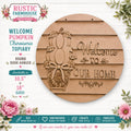 The image is an advertisement for a round wooden door hanger featuring a pumpkin and leaves design. The hanger is available in sizes of 10, 5, and 18 inches, and it is described as a DIY kit with a heart-shaped cutout for a welcome sign. The hanger is designed to be hung on a wall and is intended to welcome visitors to one's home.