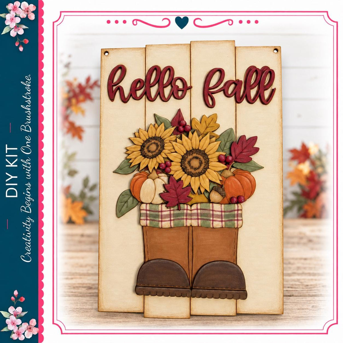 a wooden sign with the text "Hello Fall" and a decorative arrangement of sunflowers, pumpkins, and leaves.