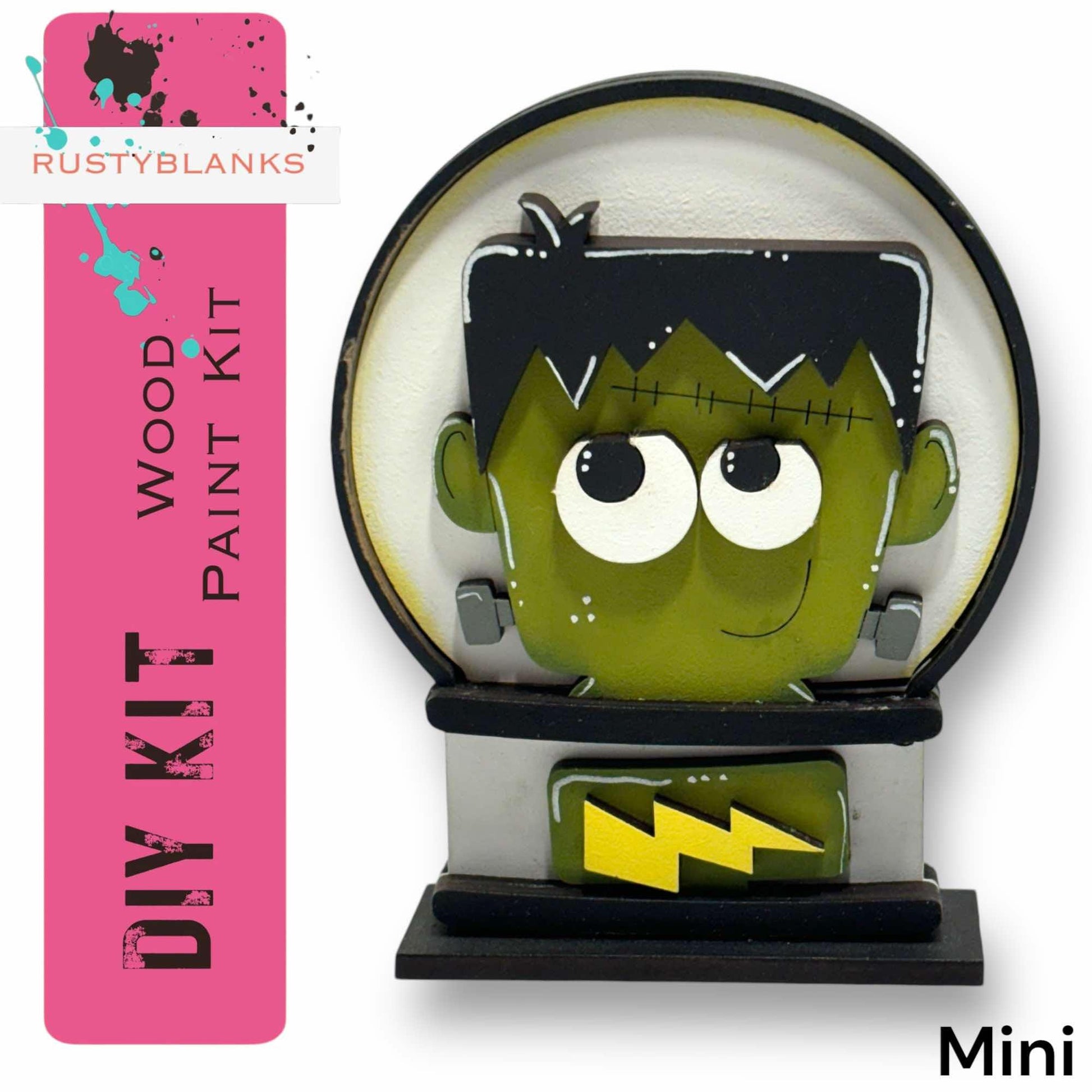 a DIY kit for creating a miniature model of a green monster with a skull-like face and a lightning bolt symbol.