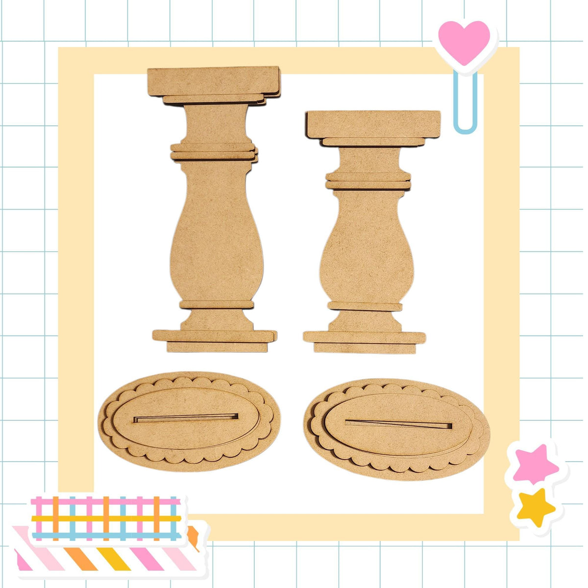 two wooden pieces, possibly a vase and a sculpture, arranged in a frame with decorative elements.