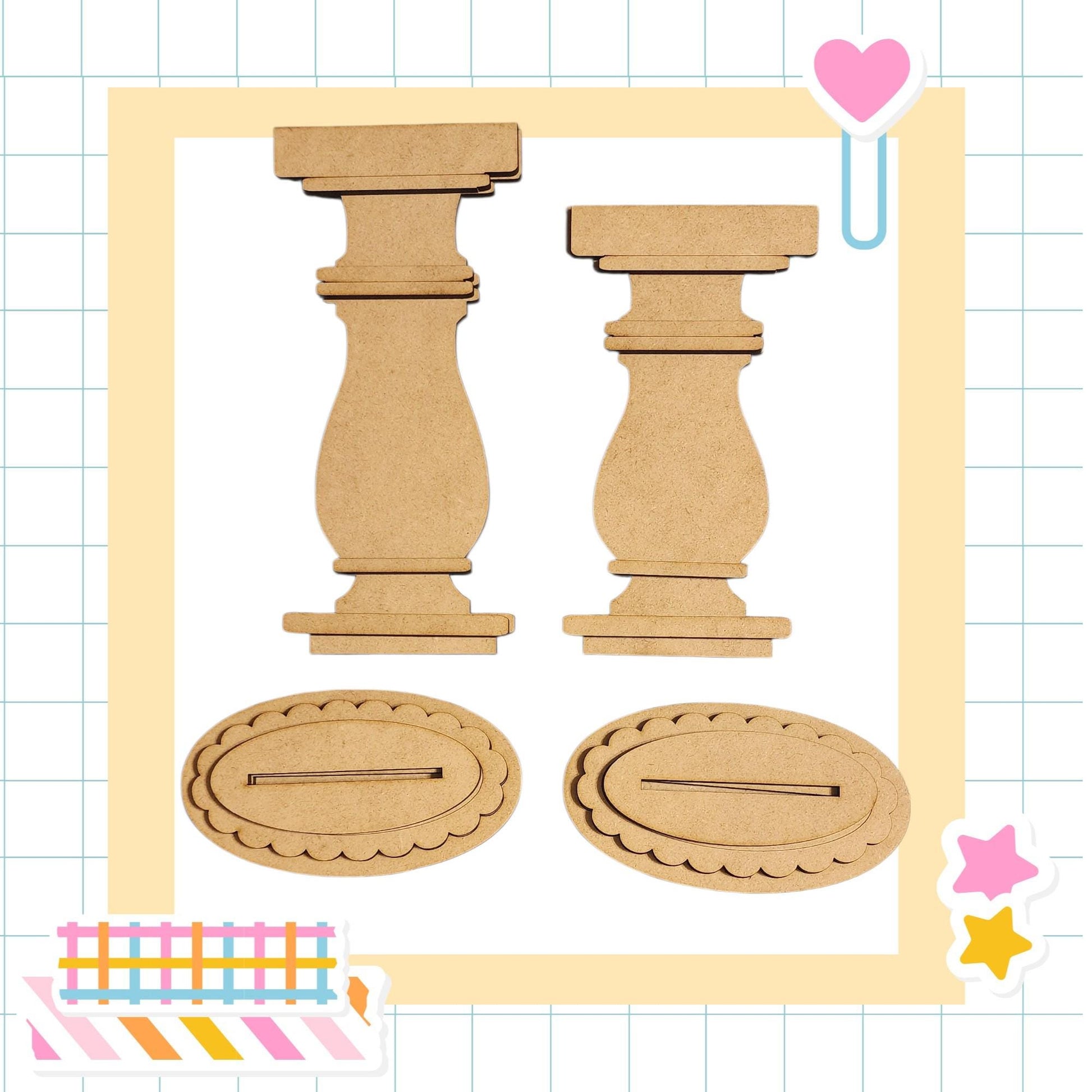 two wooden pieces, possibly a vase and a sculpture, arranged in a frame with decorative elements.