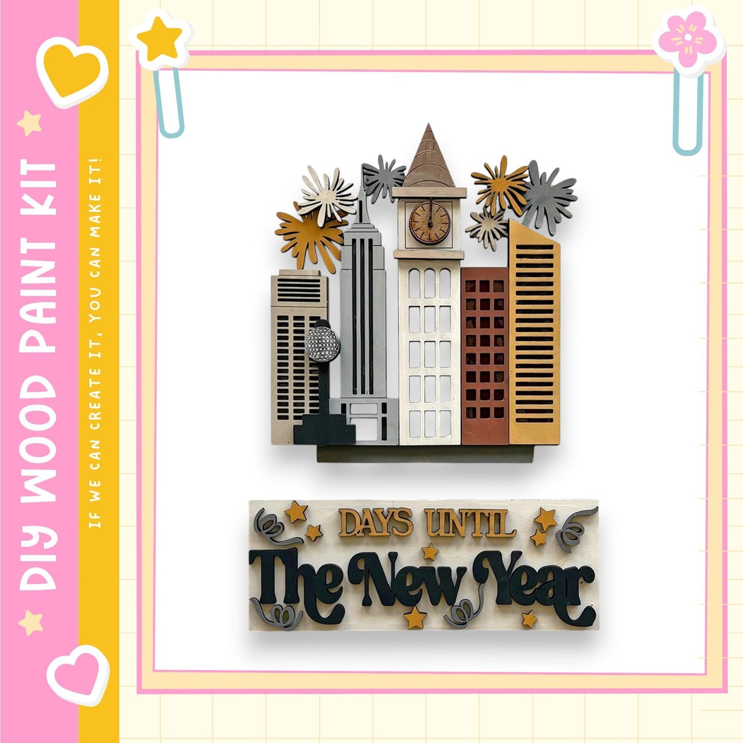 The image is a collage featuring a wooden cityscape with buildings, a clock tower, and decorative elements such as flowers and stars. The text "DAYS UNTIL The New Year" is displayed below the collage, indicating the duration of the New Year.