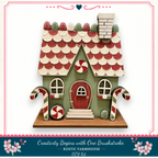 A whimsical, candy-themed house made of candy pieces, including a candy cane and a candy apple, set against a white background.