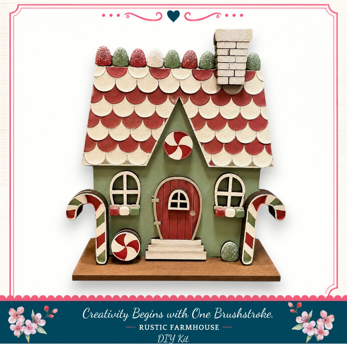 A whimsical, candy-themed house made of candy pieces, including a candy cane and a candy apple, set against a white background.