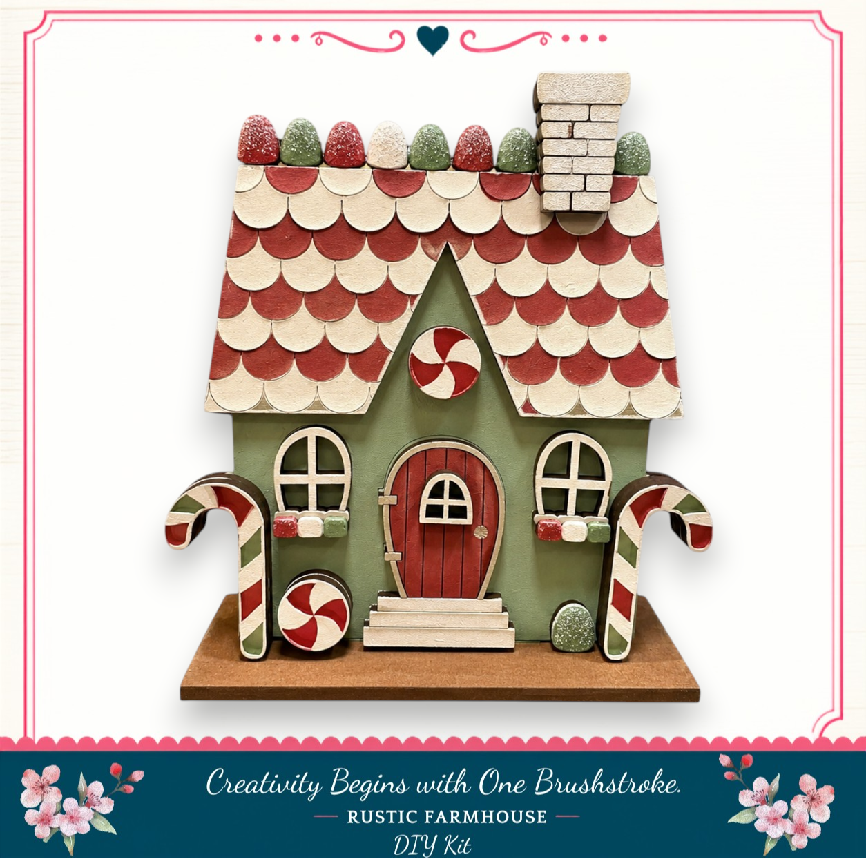 A whimsical, candy-themed house made of candy pieces, including a candy cane and a candy apple, set against a white background.