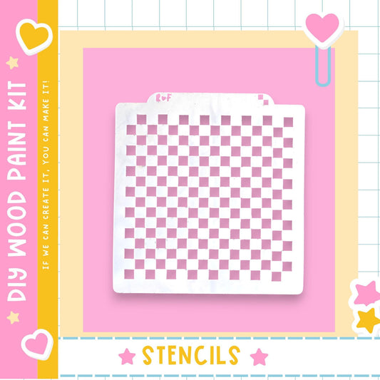 a white stencil with a checkered pattern on a pink background.