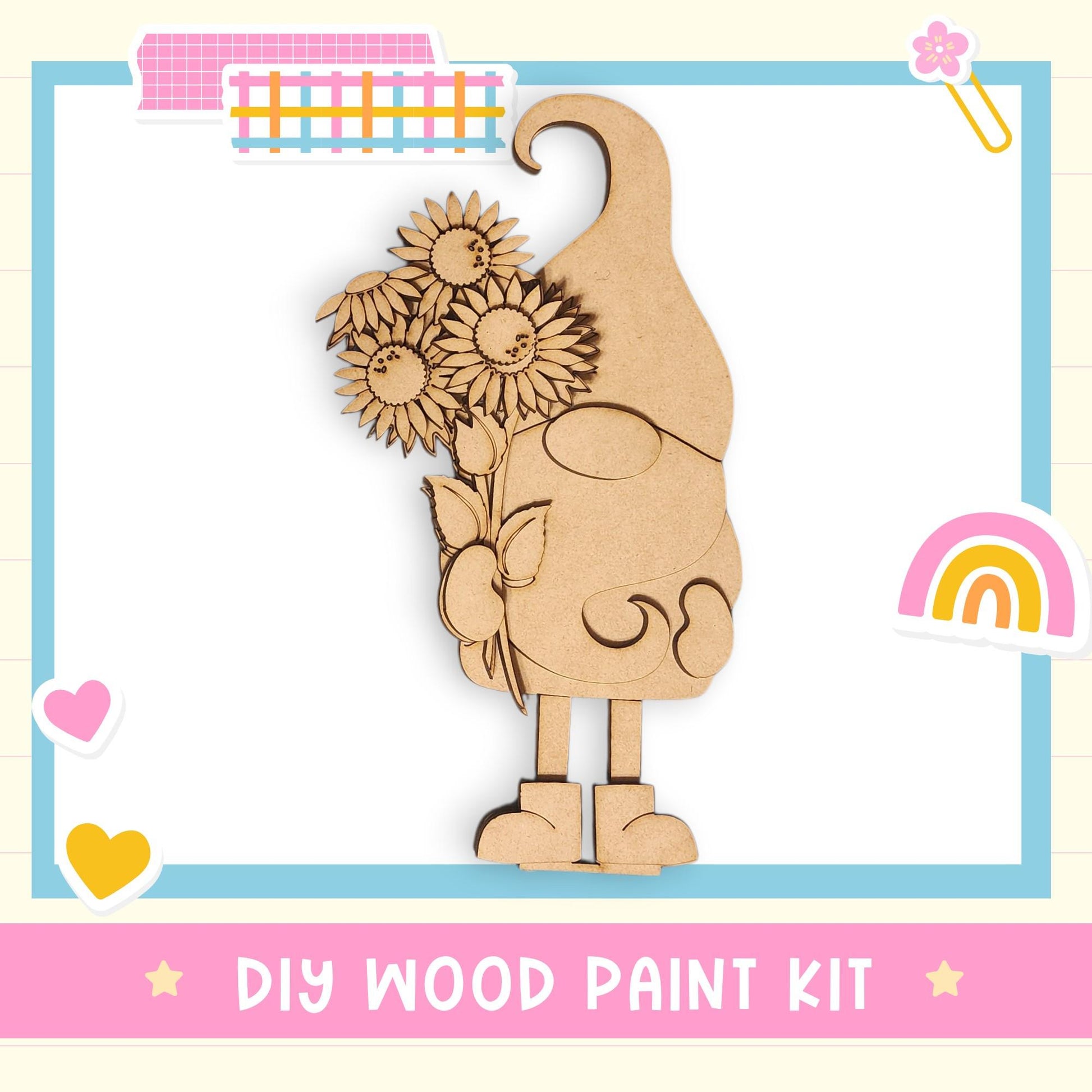 a DIY wood paint kit for creating a wooden gnome figure, with a background of colorful stickers and a rainbow.