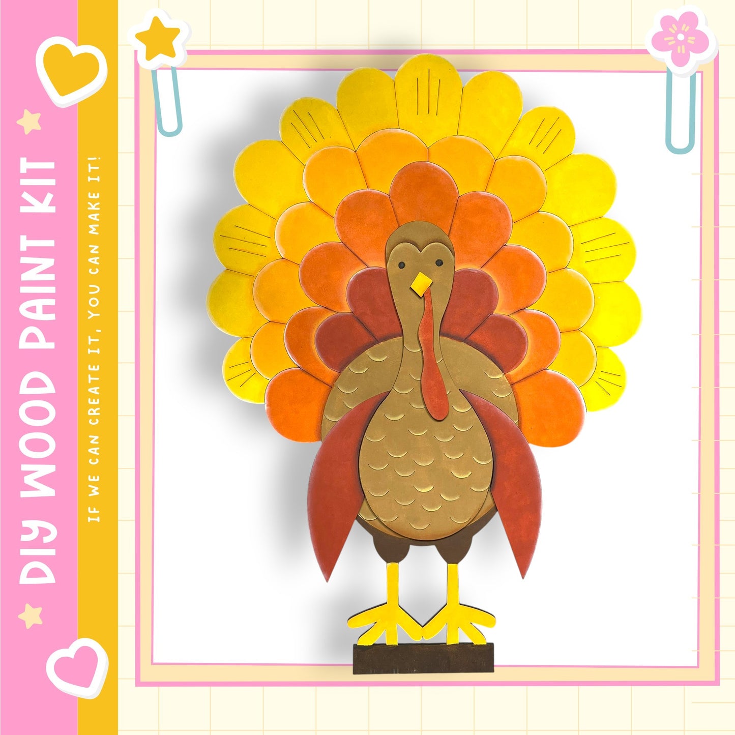 A colorful, hand-painted turkey figure with a large, vibrant fan on its head, set against a pink and yellow background.