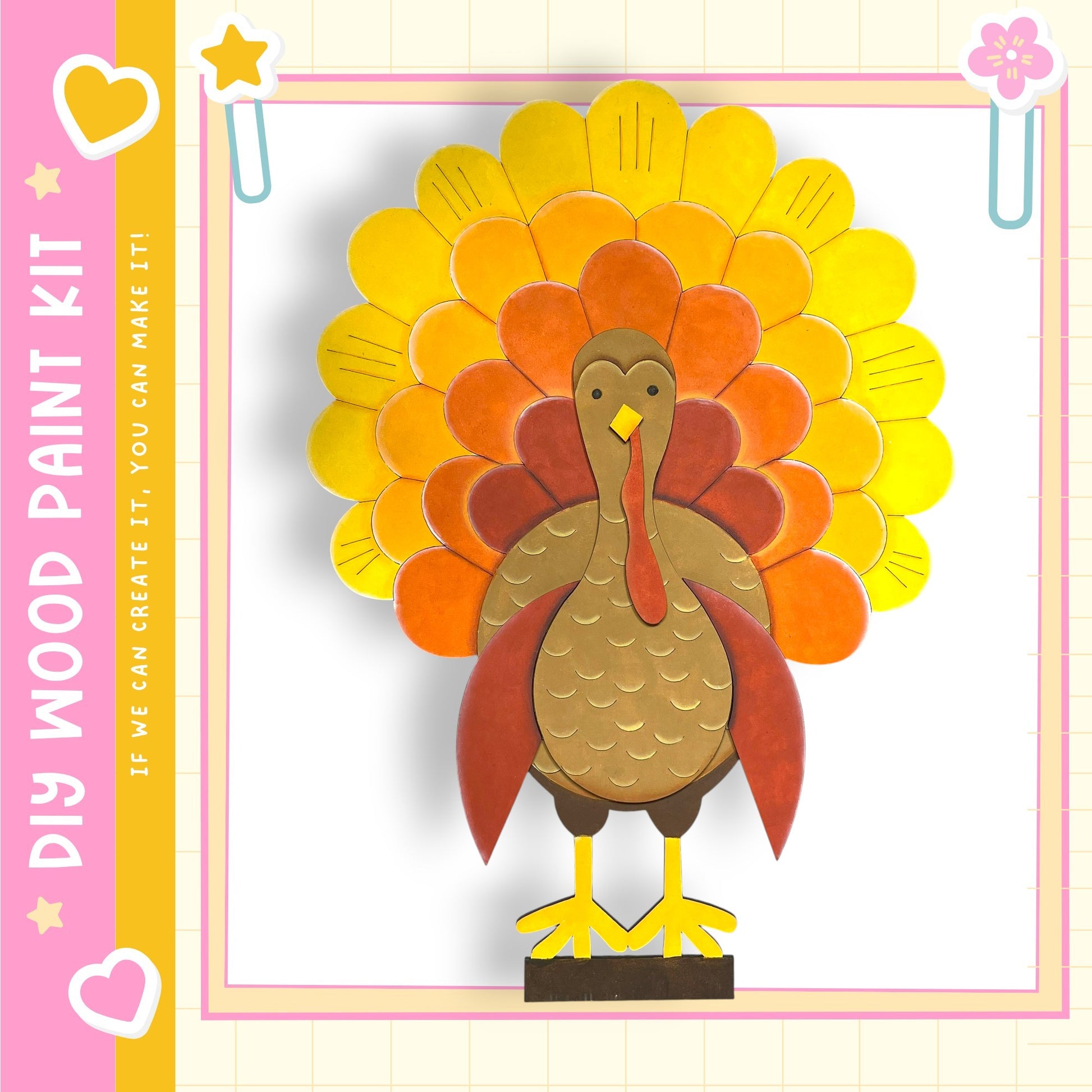 A colorful, hand-painted turkey figure with a large, vibrant fan on its head, set against a pink and yellow background.