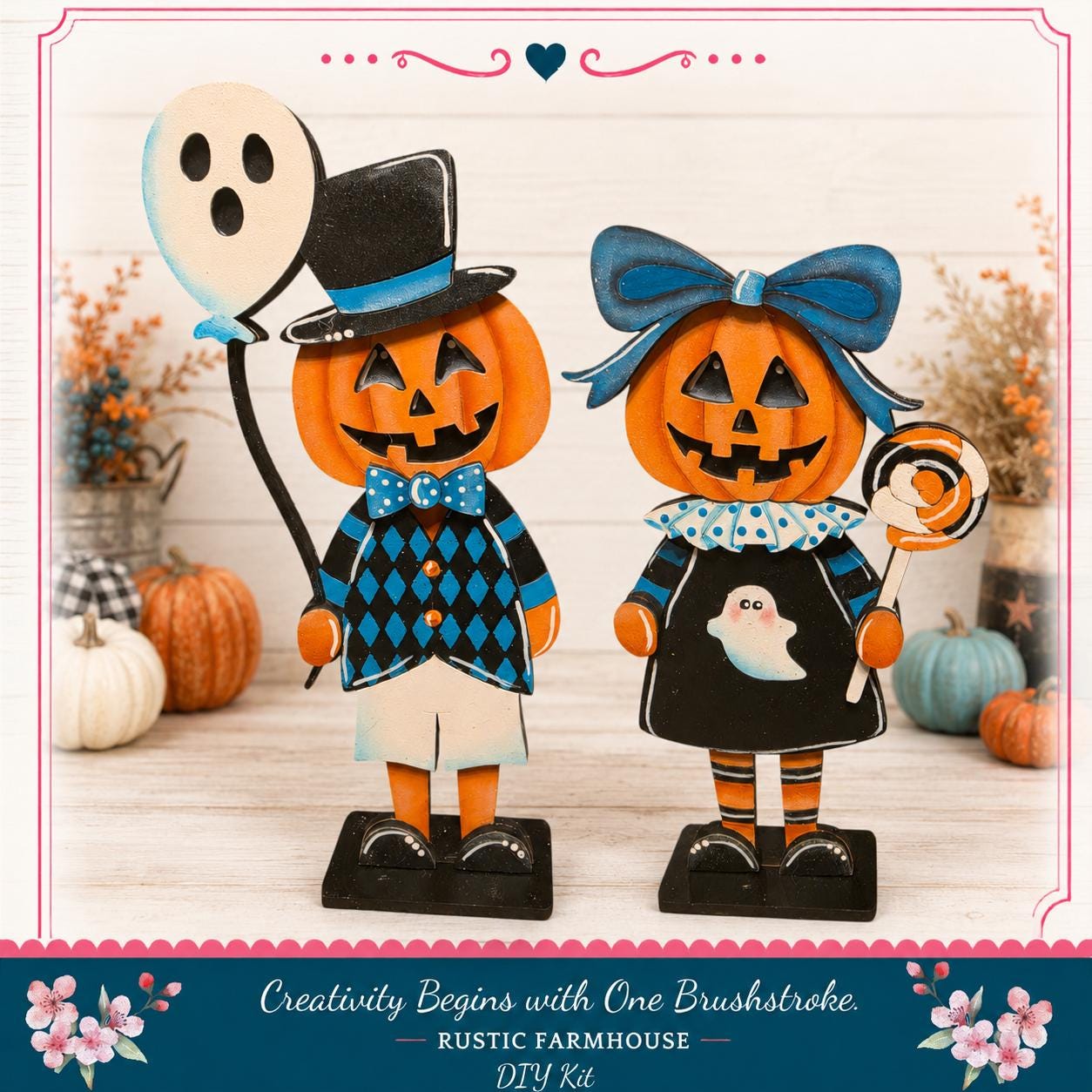 two wooden Halloween decorations, a jack-o-lantern and a ghost, standing on a wooden surface. The decorations are dressed in black and blue outfits, and they are surrounded by pumpkins and other Halloween-themed decorations.