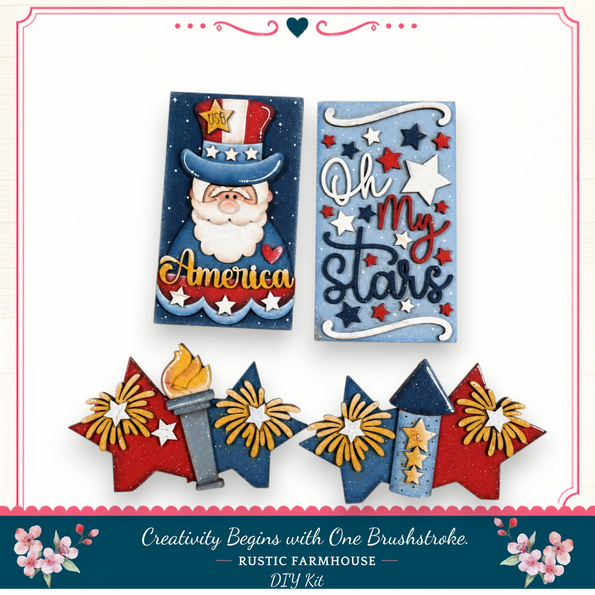 The image is a collage of two patriotic-themed decorations, including a Santa Claus figure and a patriotic-themed sign with the phrase "Oh my stars". The decorations are set against a white background, and the image includes various patriotic-themed elements such as stars, fireworks, and a banner.