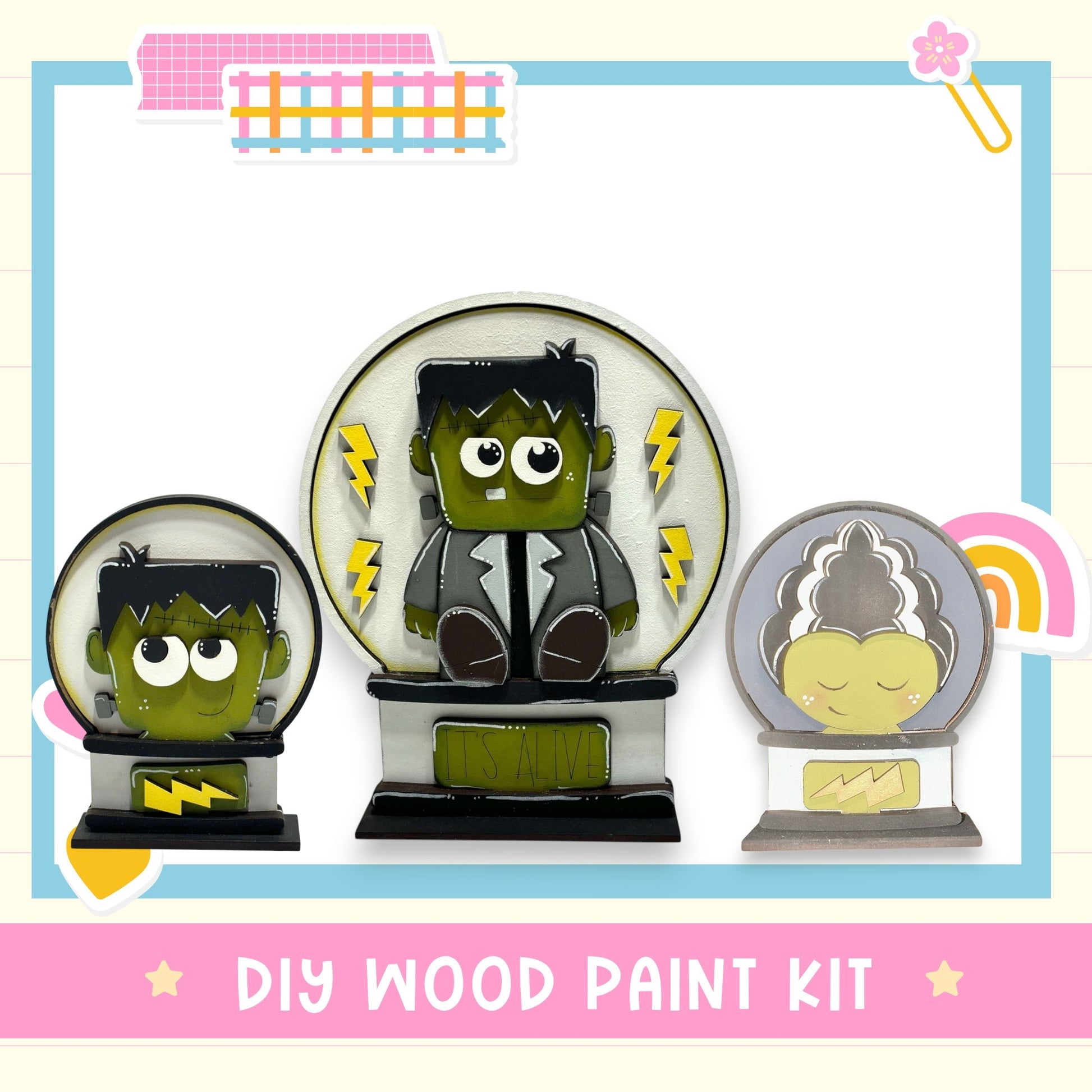 a DIY wood paint kit with three cartoon-style figures, including a green monster, a person, and a woman, all sitting on a circular base.