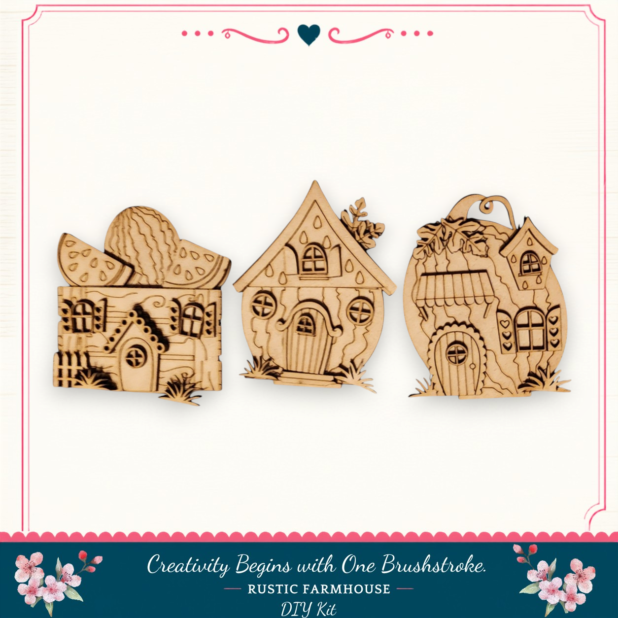 three wooden houses, each with unique designs and decorations, arranged in a row.