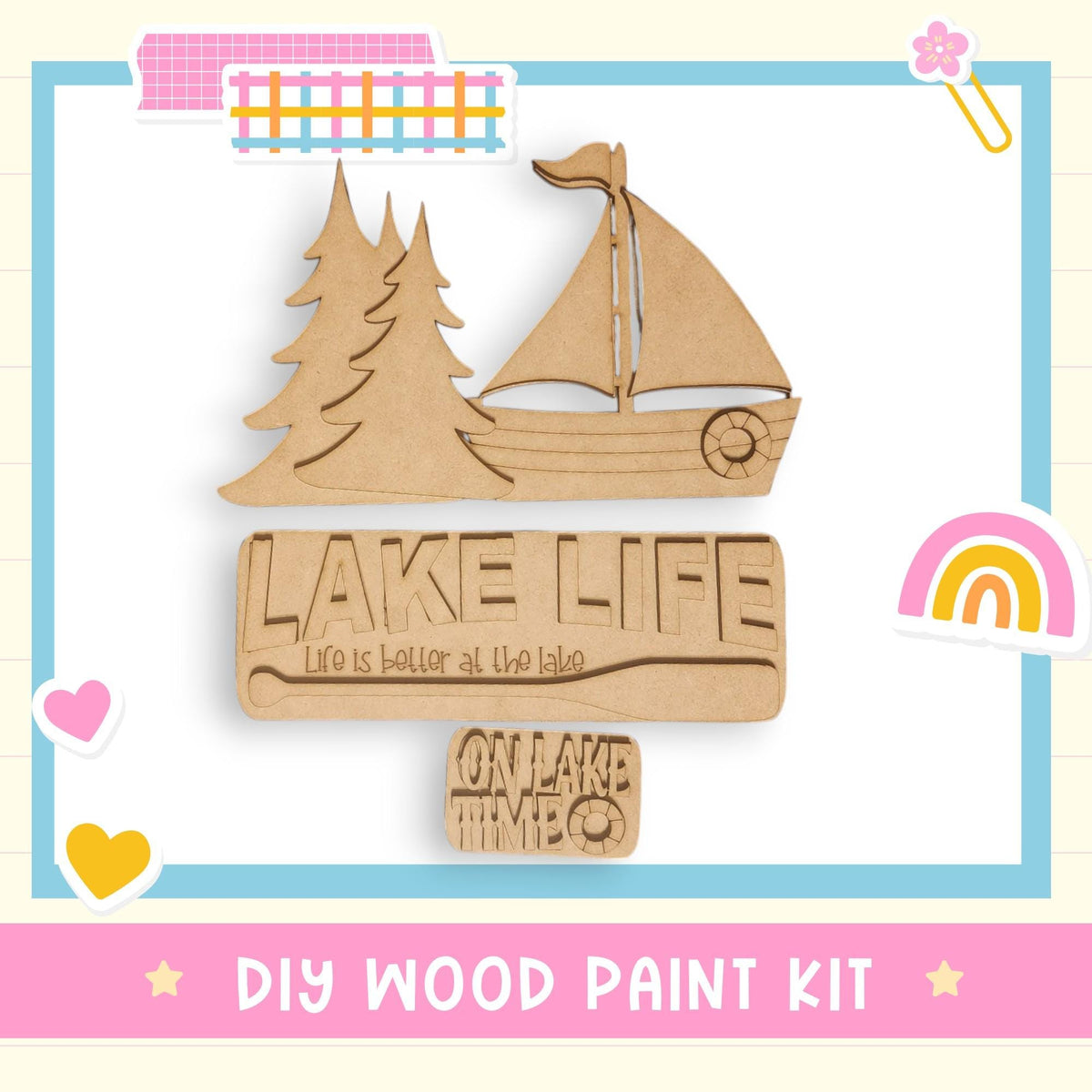 a wooden cutout of a boat with a rainbow in the background