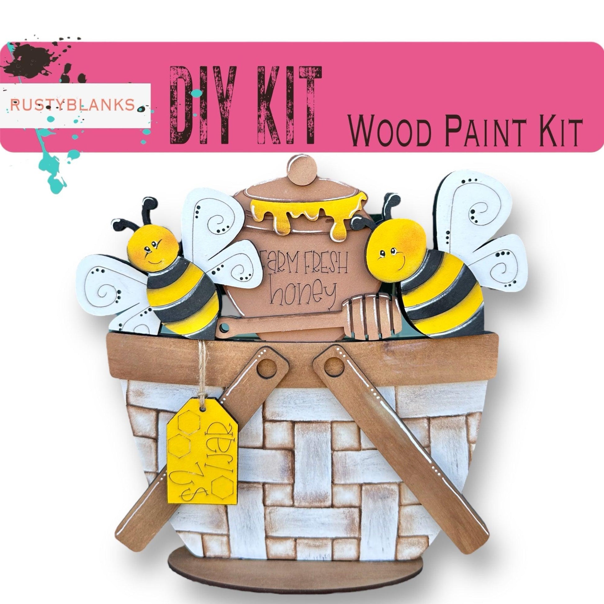 a wooden craft kit with a basket of bees