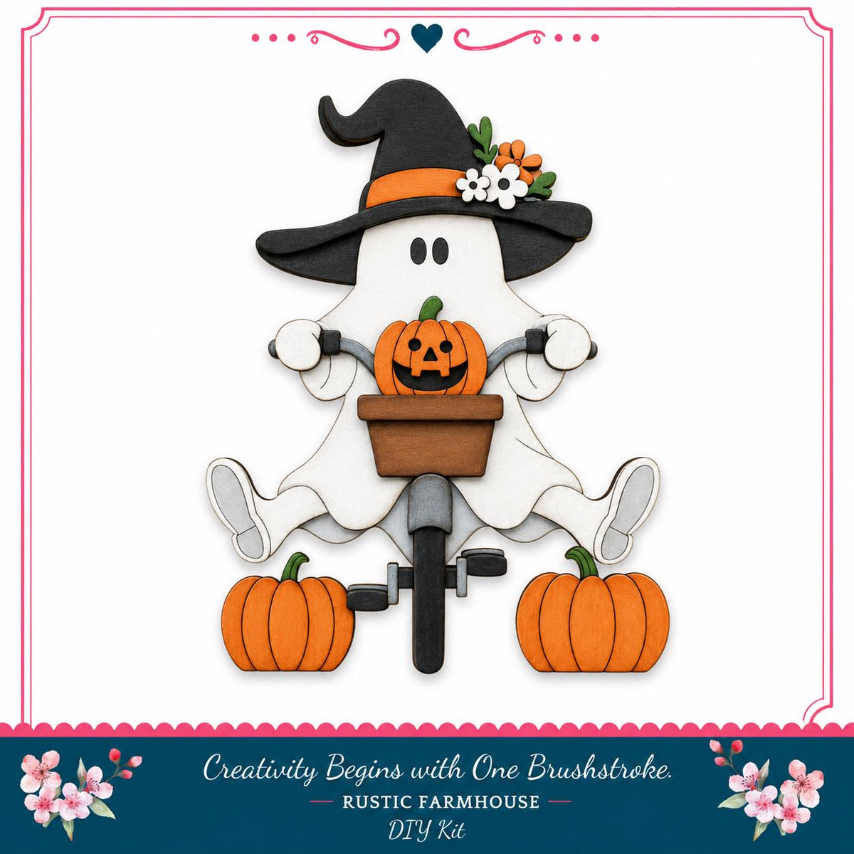 A Halloween-themed DIY kit featuring a ghost riding a bicycle with a carved pumpkin on the handlebars.