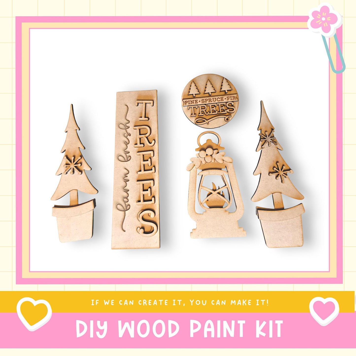 a DIY wood paint kit with various wooden shapes, including trees and lanterns, arranged on a white background.