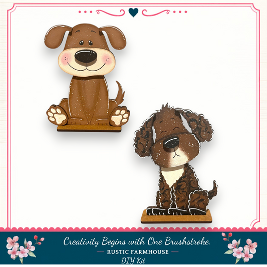 two cartoon dog illustrations, one sitting and one standing, against a white background.