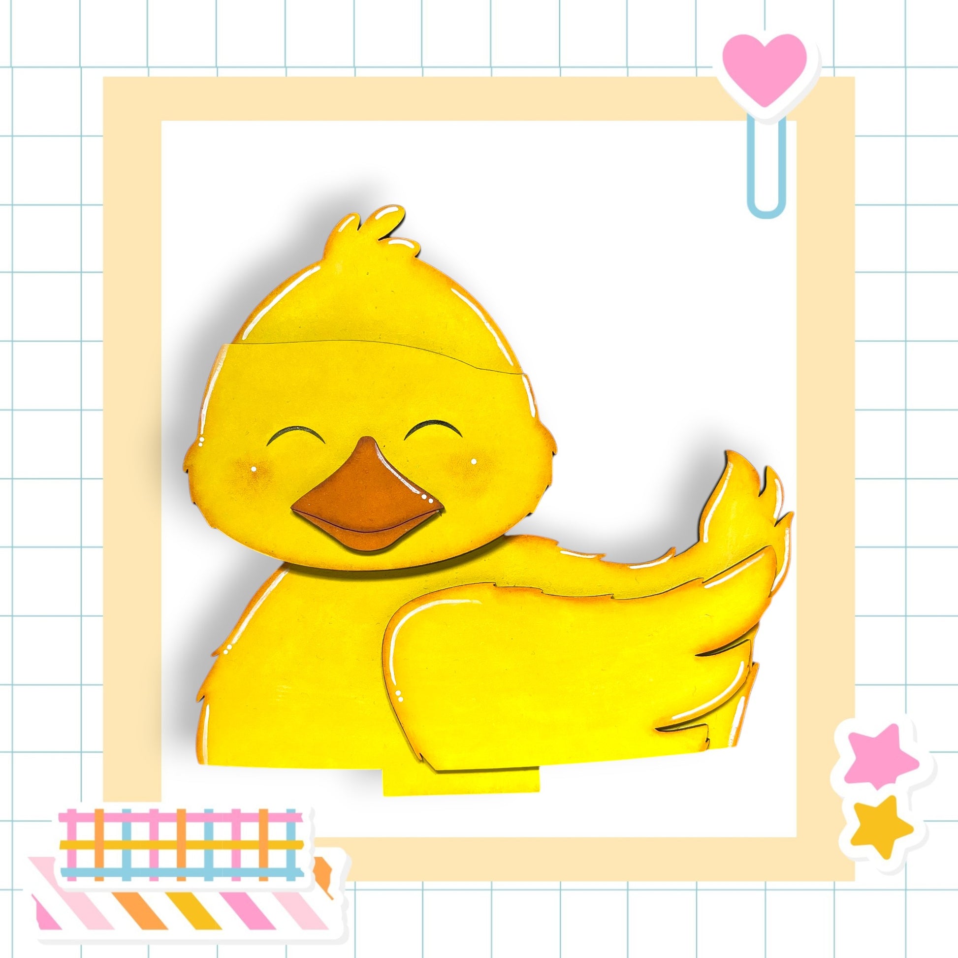 A cheerful yellow cartoon duck with a heart-shaped sticker on the right side of the frame.