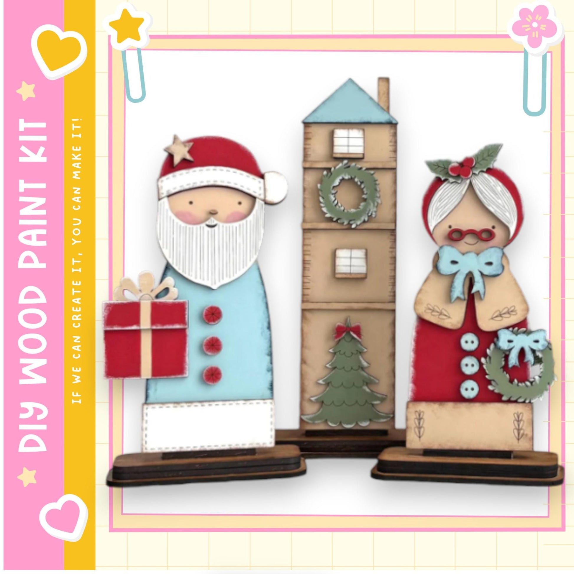 a DIY paint kit for creating wooden figures, including Santa Claus and an elderly woman. The kit appears to be a kit for creating a Christmas-themed display, with the figures and other decorative elements.