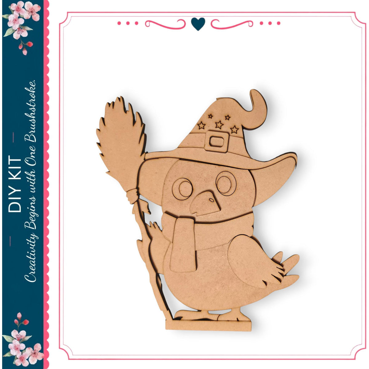 A wooden owl wearing a witch's hat and scarf, holding a broom, is depicted in the image.