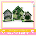 three small, green-colored houses with the word "Lucky" written on them, placed on a pink and yellow background.