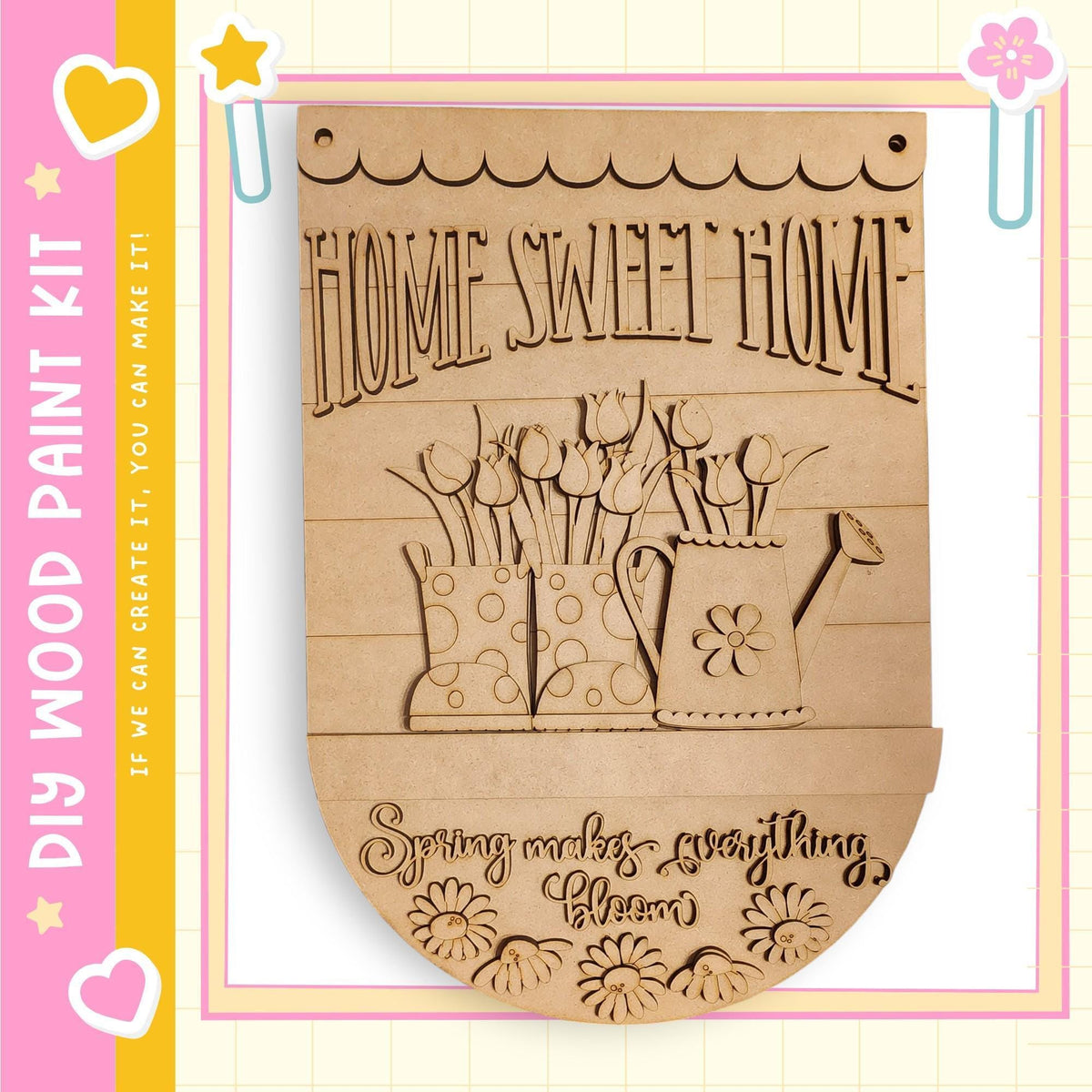 A wooden sign with the text "HOME SWEET HOME" and an illustration of a watering can and flowers.
