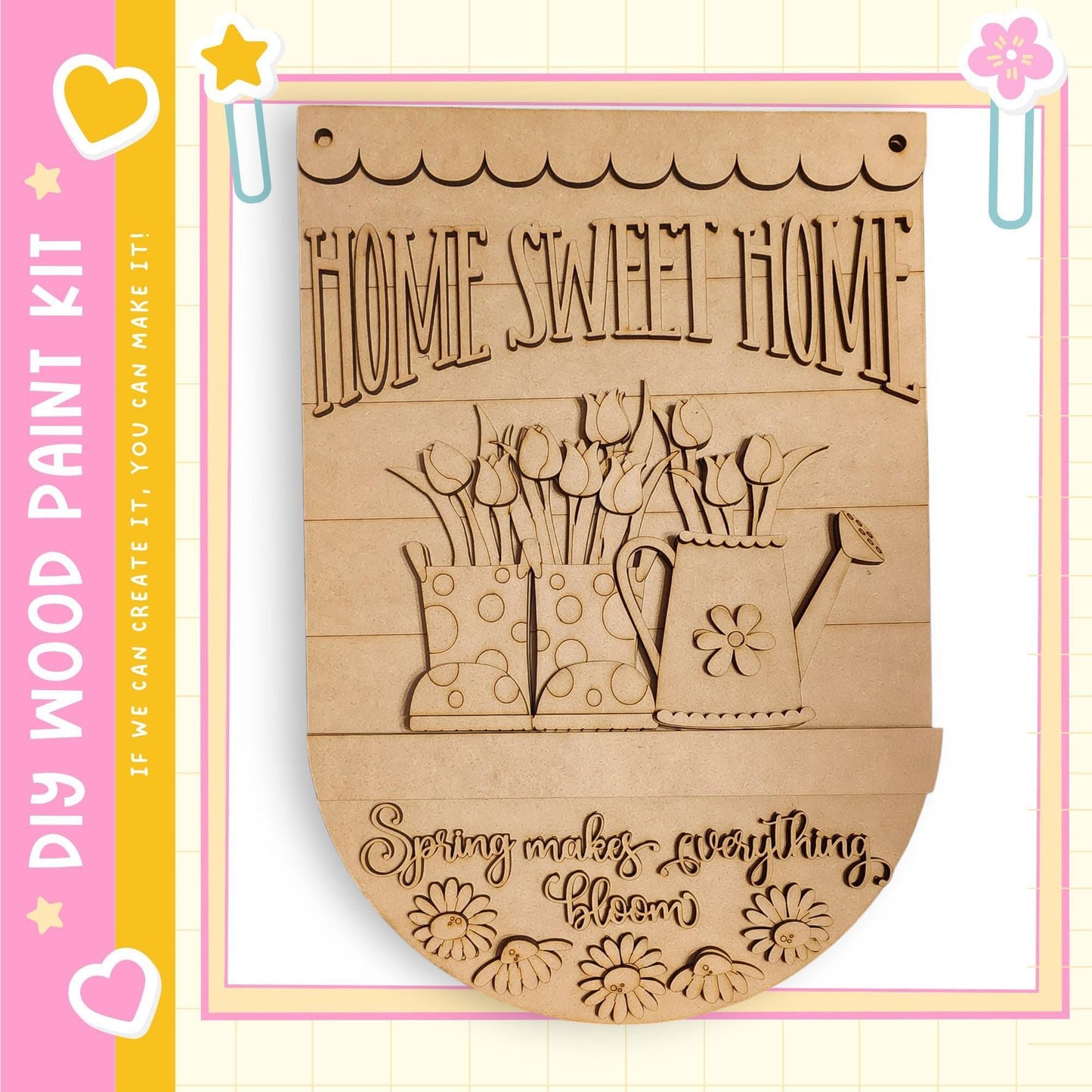 A wooden sign with the text "HOME SWEET HOME" and an illustration of a watering can and flowers.