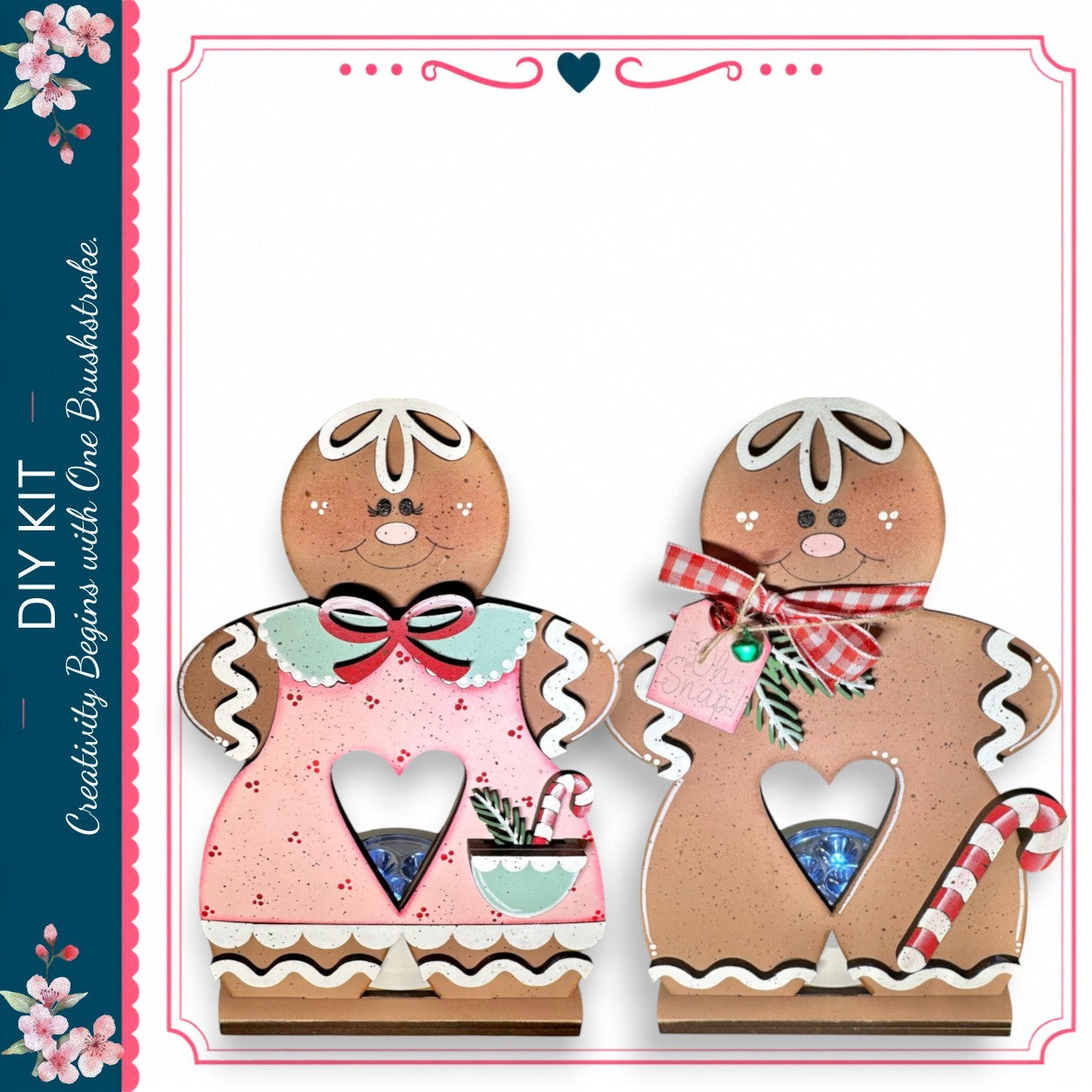 two gingerbread cookies, each with a heart-shaped cutout, and they are decorated with various items such as a bow, candy cane, and a small bowl.