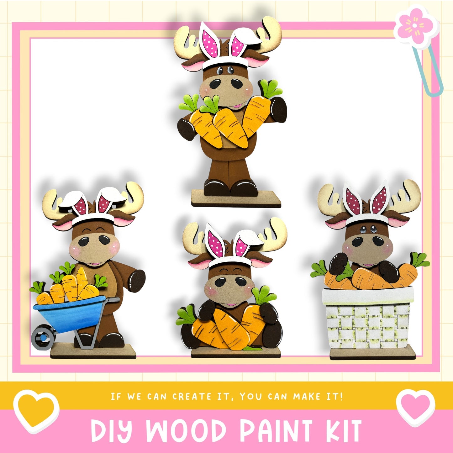 The image is a collage of four wooden animal figurines, each holding a carrot and wearing a bunny ear hat. The caption below the collage reads "DIY WOOD PAINT KIT" and "If we can create it, you can make it!"