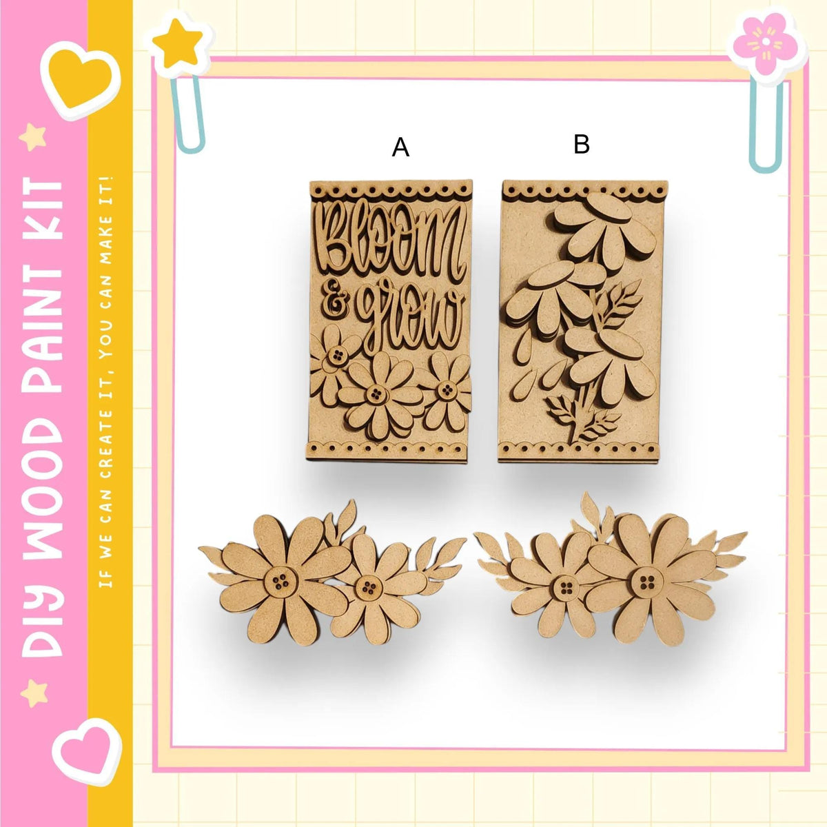 two wooden cutouts of flowers and leaves, along with a pink and yellow border and decorative elements such as hearts and stars.