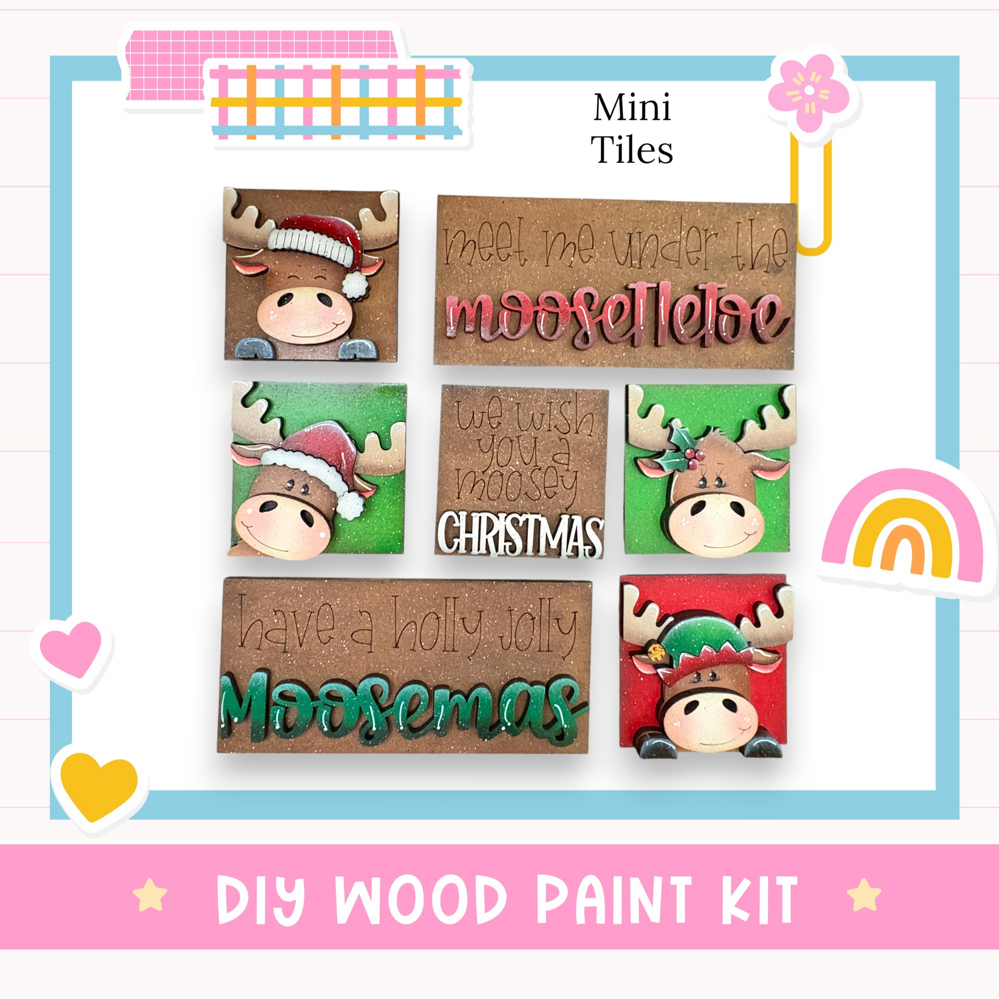 The image is a collage of six Christmas-themed wooden tiles, each featuring a moose wearing a hat and the text "We wish you a merry Christmas" or "Have a holly jolly Moosemas". The tiles are arranged in a grid pattern, with each tile displaying a different moose and holiday message.