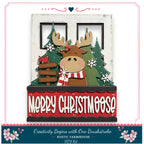 A festive Christmas-themed decoration featuring a moose wearing a scarf and surrounded by snowflakes, pine trees, and a "Merry Christmas" sign.
