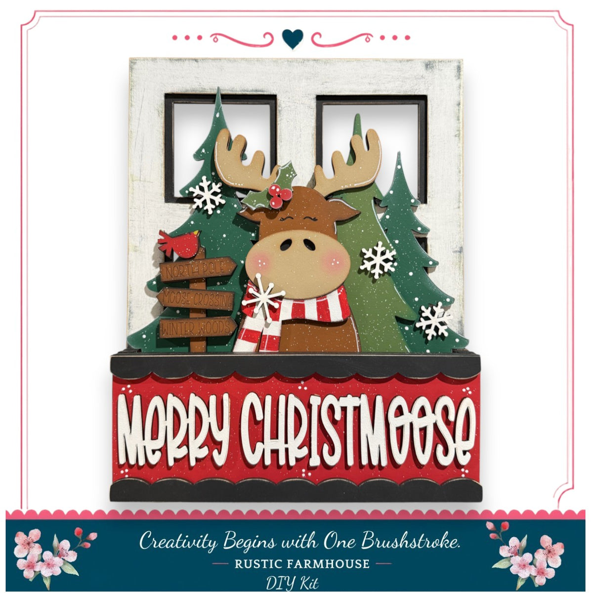 A festive Christmas-themed decoration featuring a moose wearing a scarf and surrounded by snowflakes, pine trees, and a "Merry Christmas" sign.