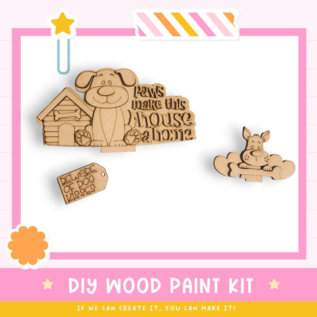 a DIY wood paint kit with a dog and a cat motif. The kit includes a wooden dog house and a wooden cat house, as well as a wooden tag that says "Paws make this house a home". The kit appears to be designed for children to create their own wooden pet houses.