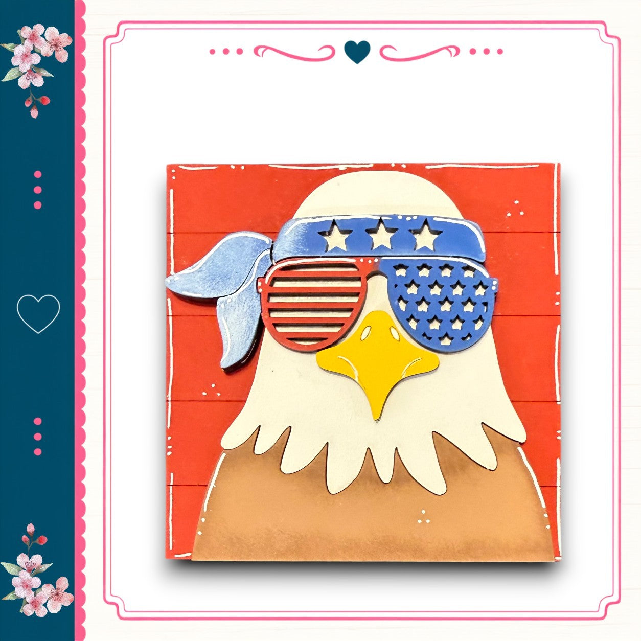 A wooden eagle wearing sunglasses with an American flag design, set against a red background.