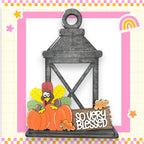 a card with a picture of a turkey and a lantern