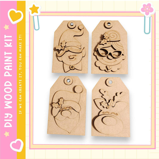 four wooden tags or labels, each featuring a different design or character, such as a Santa Claus face, a snowman, a flower, and a bird.