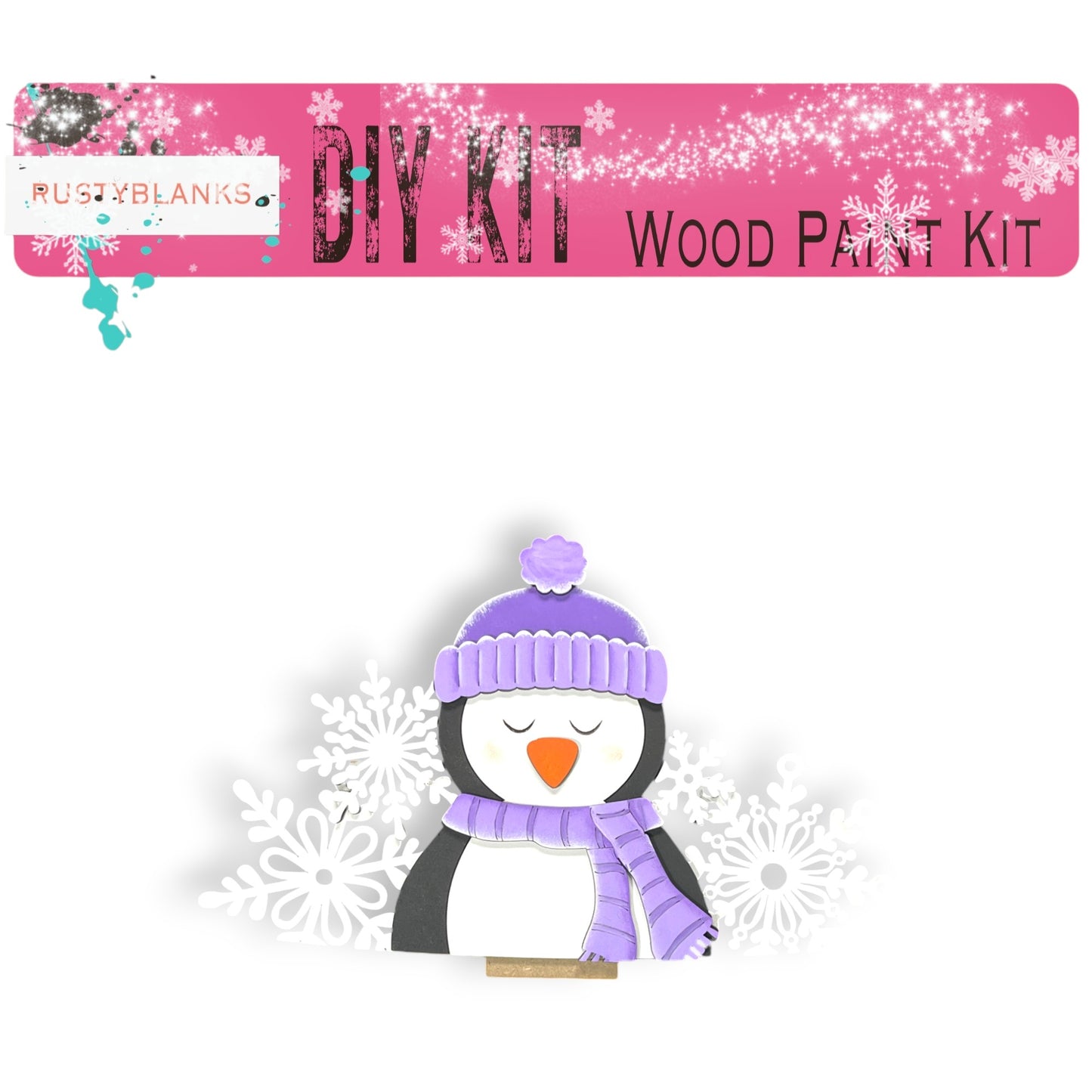 a penguin with a purple hat and scarf