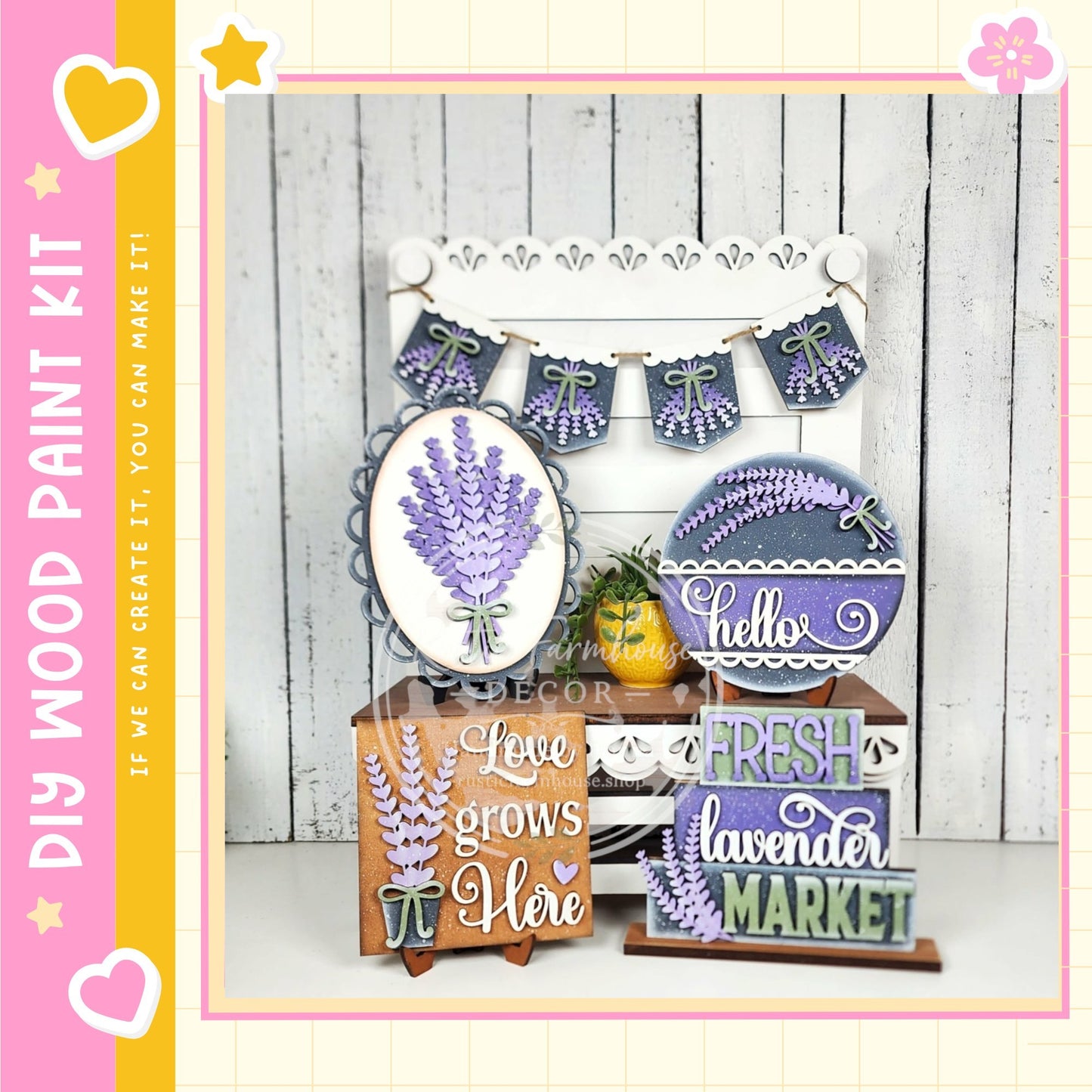a collection of wooden signs and decorations, including a sign that says "Love grows here" and another that says "Fresh lavender market". The signs are displayed on a wooden surface, possibly a table or shelf, with a white background.