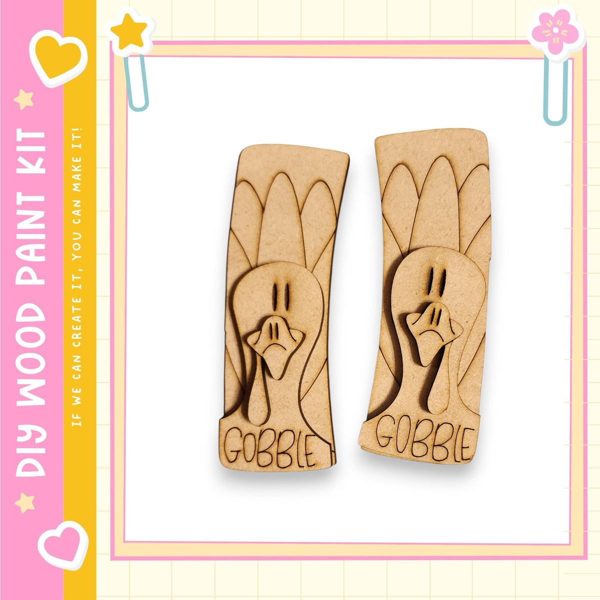 two wooden turkey-shaped cutouts with the word "GOBBLE" written on them.