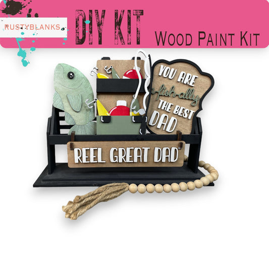 a wooden sign with a fish and a sign that says wood paint kit