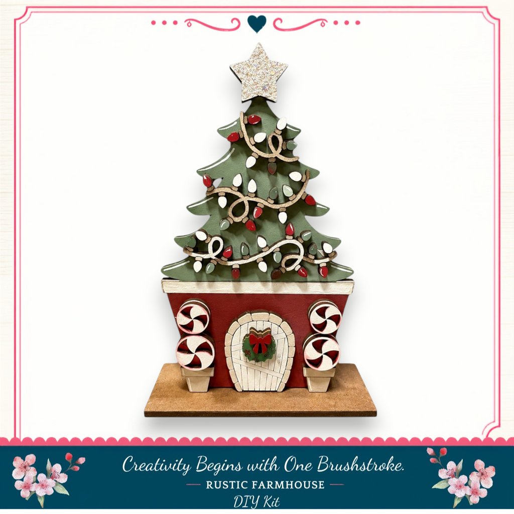 A Christmas tree-shaped object with a wreath and other decorations, placed on a wooden base. The object appears to be a DIY kit for creating a rustic farmhouse-style Christmas tree.