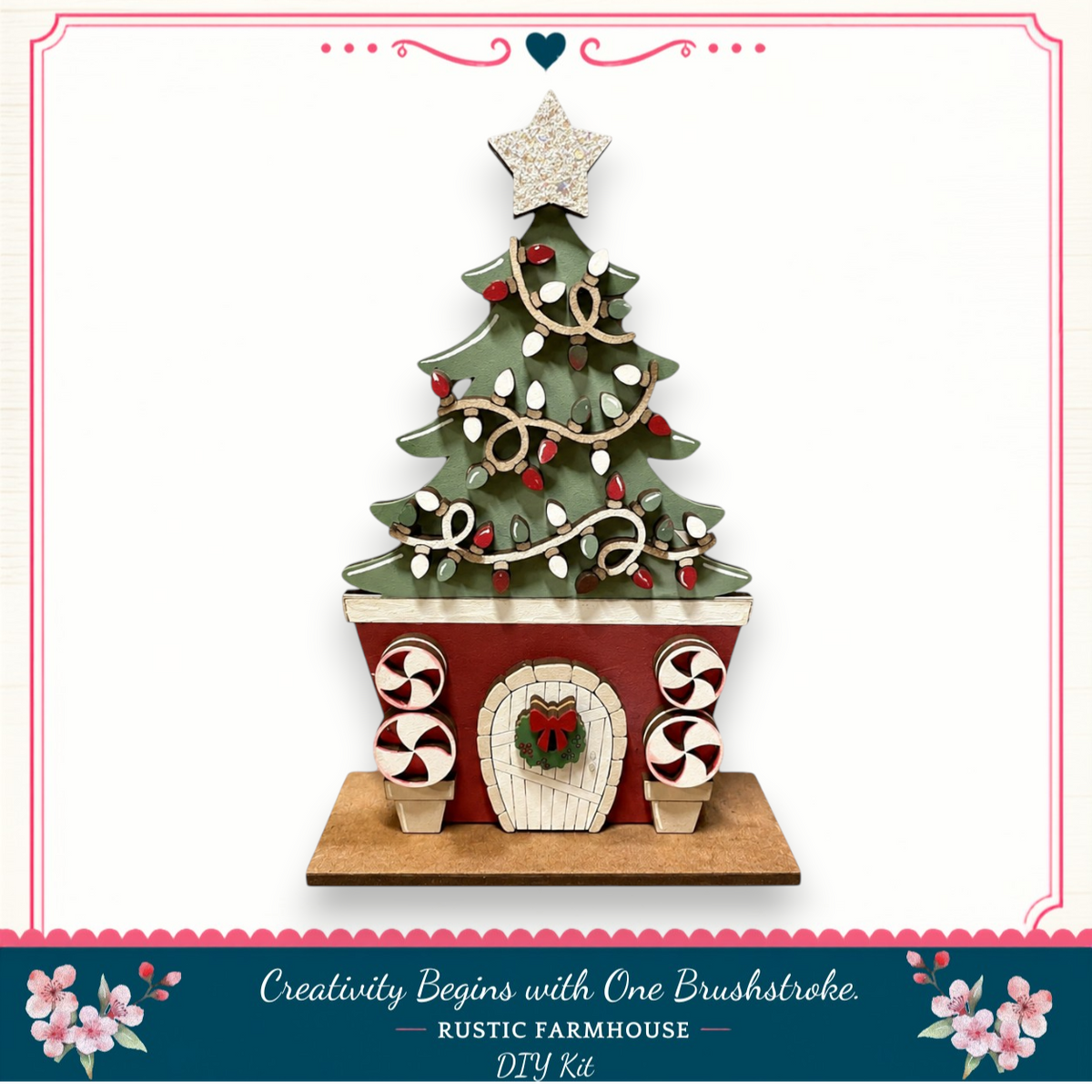 A Christmas tree-shaped object with a wreath and other decorations, placed on a wooden base. The object appears to be a DIY kit for creating a rustic farmhouse-style Christmas tree.