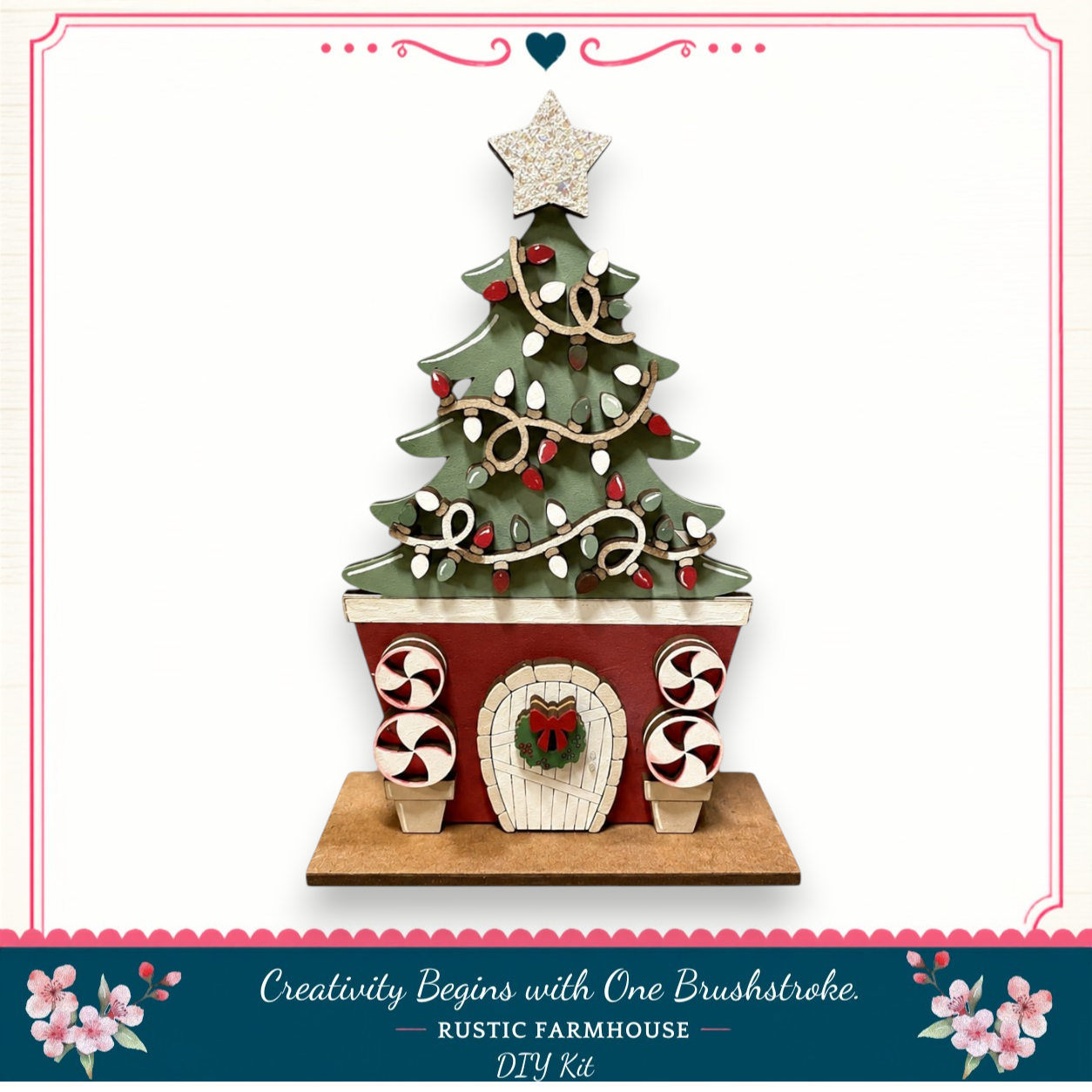 A Christmas tree-shaped object with a wreath and other decorations, placed on a wooden base. The object appears to be a DIY kit for creating a rustic farmhouse-style Christmas tree.