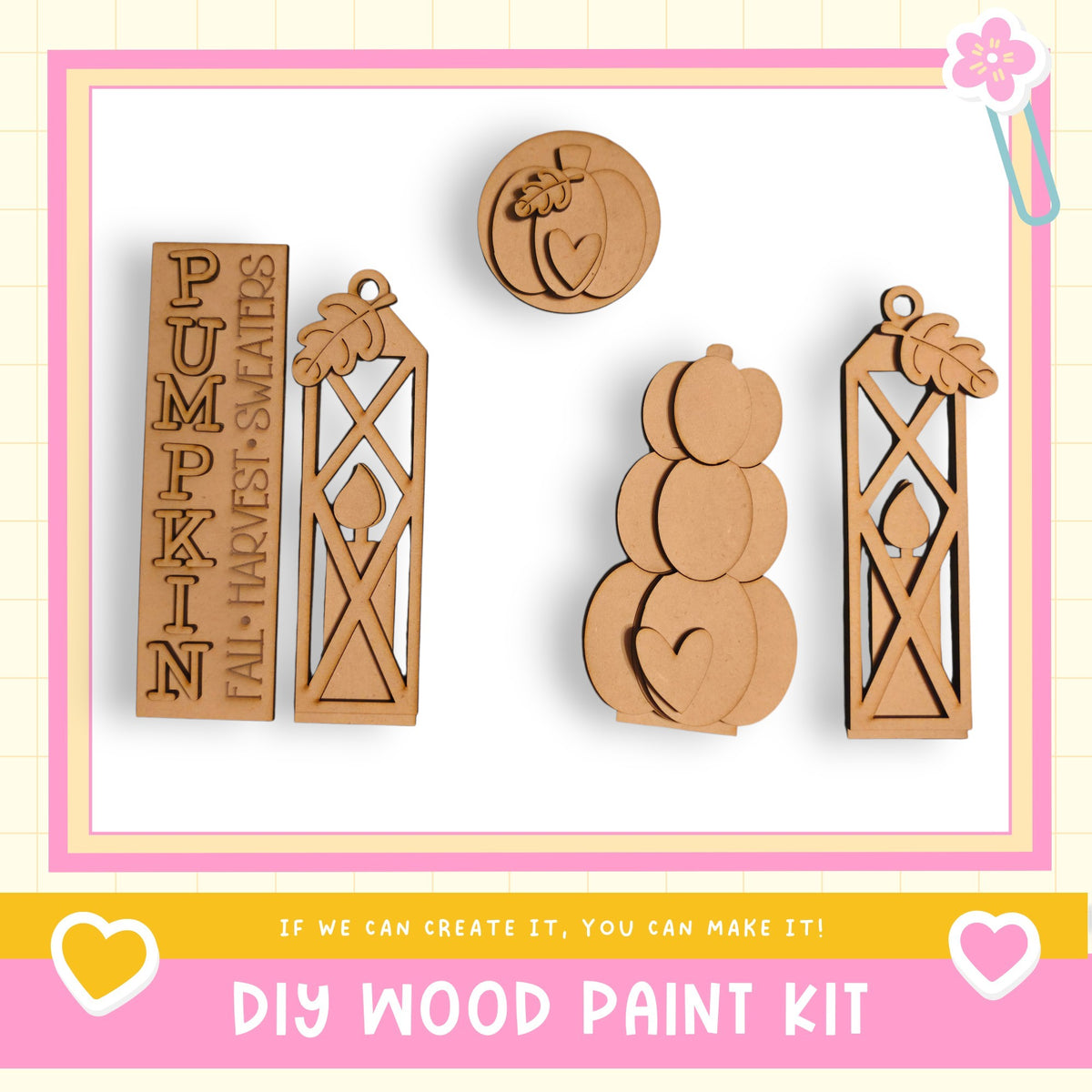 a DIY wood paint kit, including various wooden shapes and designs such as pumpkins, lanterns, and a sign.