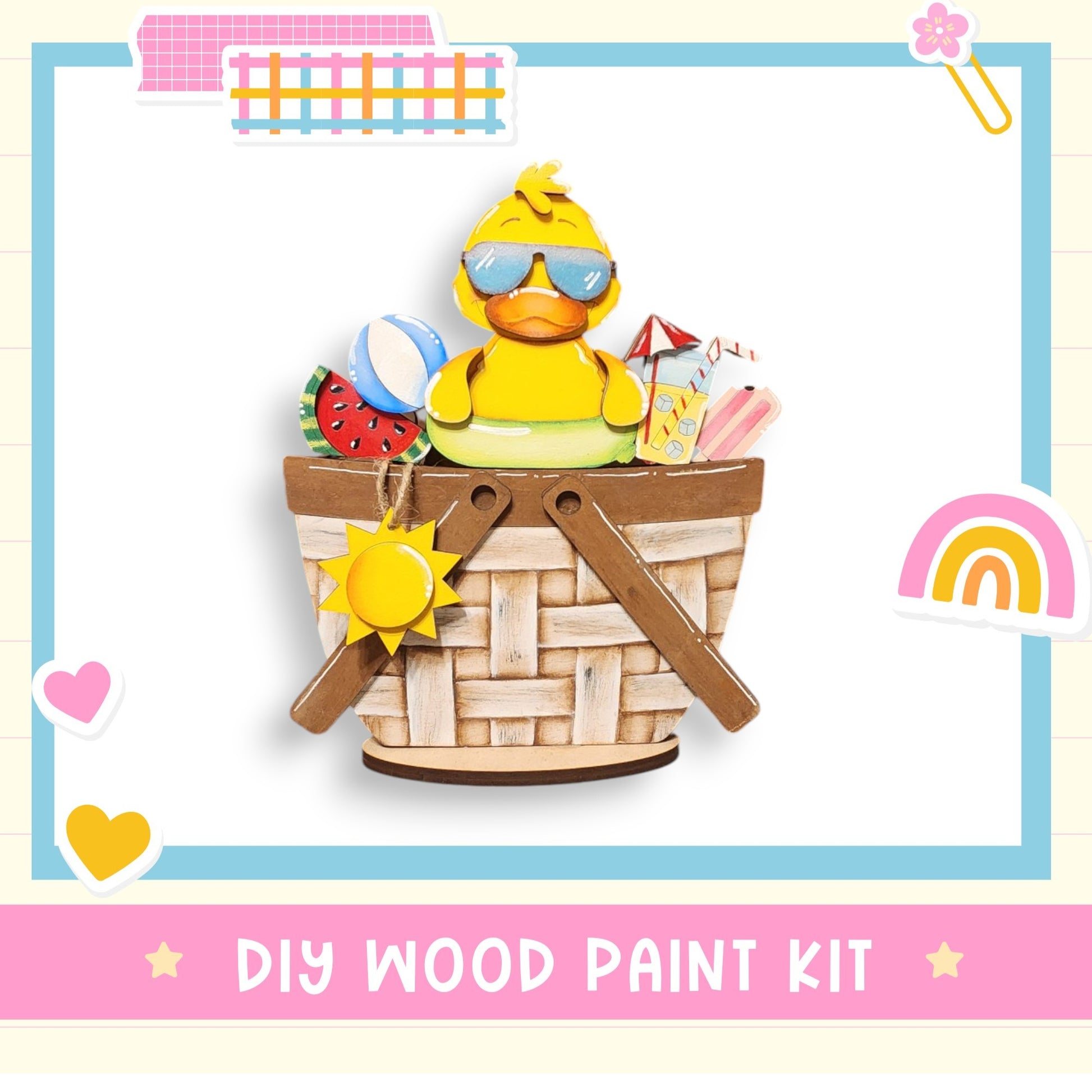 a wooden ducky in a basket with a rainbow in the background